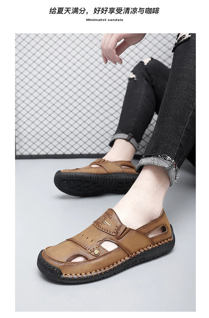 Men's Genuine Leather Beach Sandals - Breathable Hollow-Out Non-Slip Casual Slides