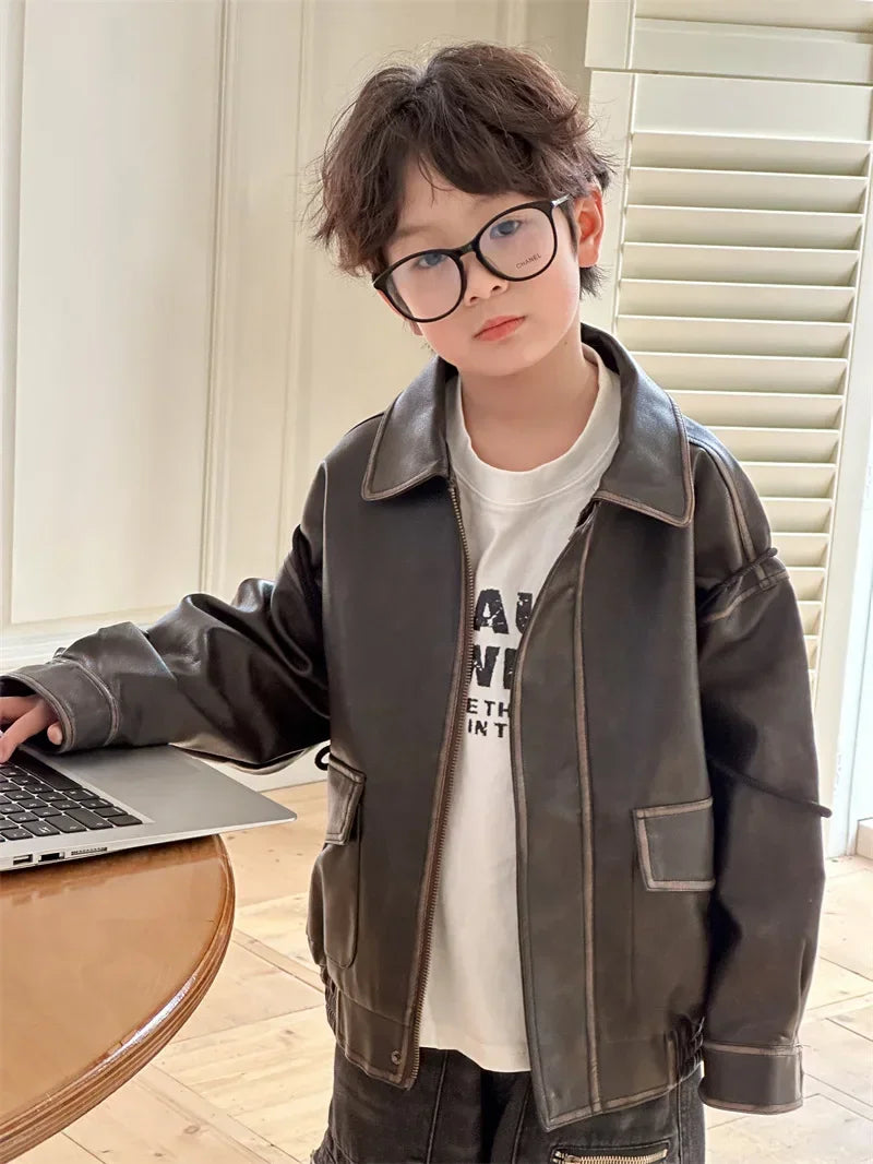 Children Clothing Fashion Casual All Match Leather Coat 2024 Fall New Boys Girls Retro Cool Jacket Solid Color Simple Coat Shello's Creative Boutique