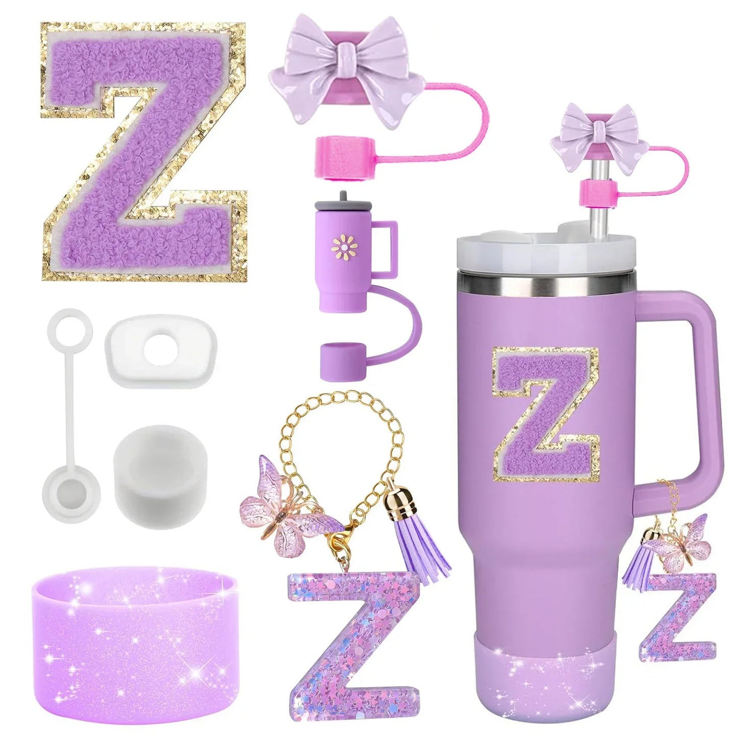 8PCS Accessories Set for Stanley Cup Purple 30oz 40oz tumbler Silicone Straw Topper Cover Cap Boot Handle Charm Initials Sticker - Shello's Creative Boutique