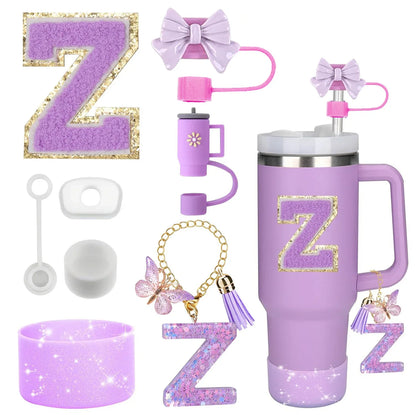 8PCS Accessories Set for Stanley Cup Purple 30oz 40oz tumbler Silicone Straw Topper Cover Cap Boot Handle Charm Initials Sticker - Shello's Creative Boutique