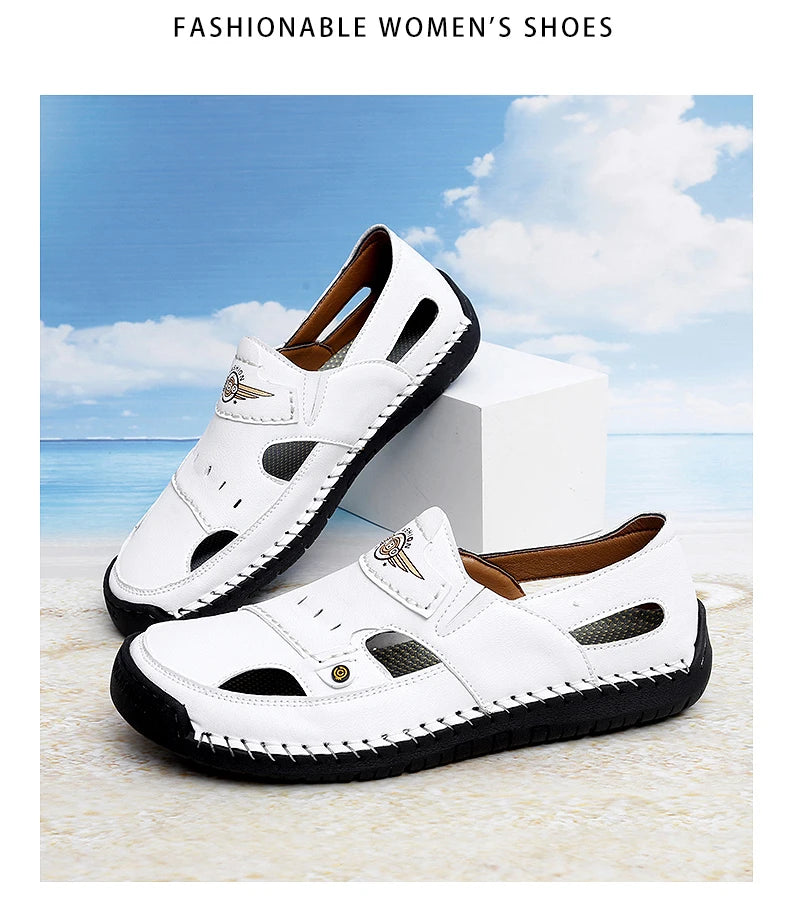 Men's Genuine Leather Beach Sandals - Breathable Hollow-Out Non-Slip Casual Slides