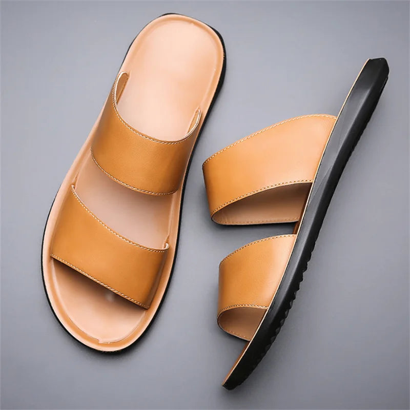 Men's Luxury Leather - Non-Slip Beach Sandals & Flat Casual Slides (Large Size 48) - Shello's Creative Boutique