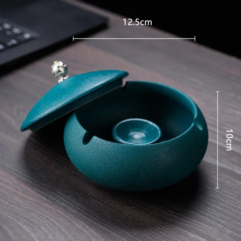 Creative Ceramic Ashtray with Lid – Anti-Fly Ash Desktop Ornament, 18 Styles