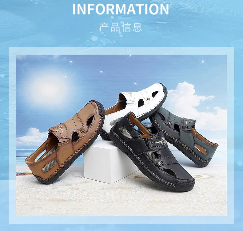 Men's Genuine Leather Beach Sandals - Breathable Hollow-Out Non-Slip Casual Slides