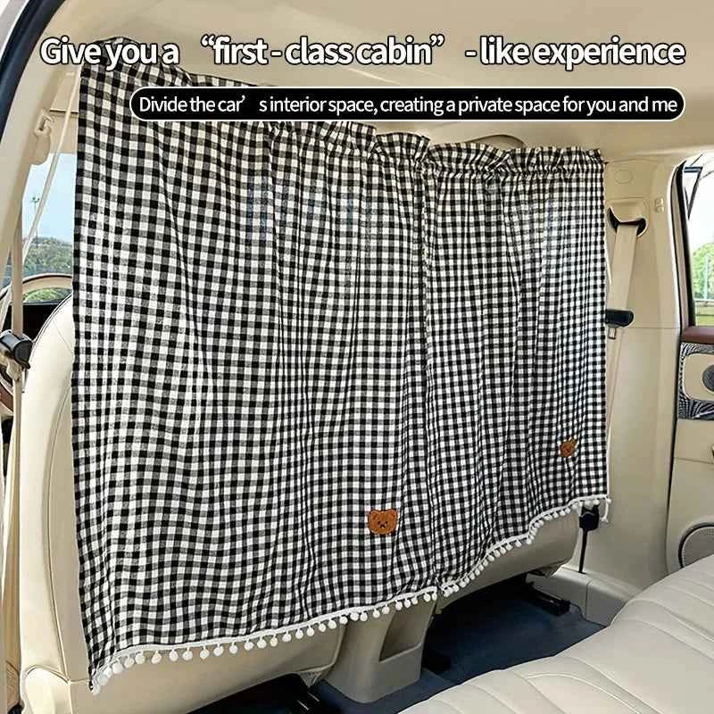 A Set of Car Interior Partition Curtains - Checkered Car Partition Curtains, Sunshade Car Curtains, Cute Bear Design Retractable