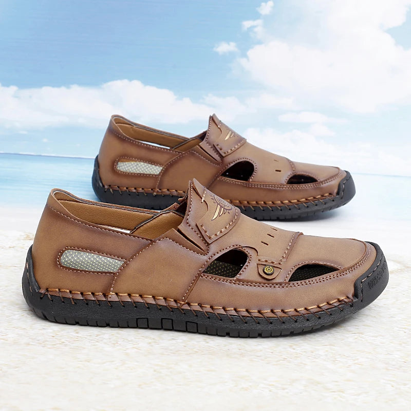Men's Genuine Leather Beach Sandals - Breathable Hollow-Out Non-Slip Casual Slides
