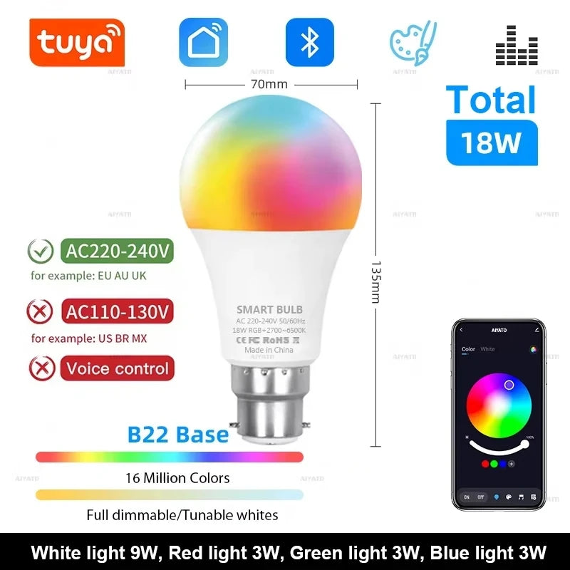 Smart LED Bulb - Tuya Bluetooth Dimmable 15W/18W RGBCW Colour Changing (E27/B22) - Shello's Creative Boutique