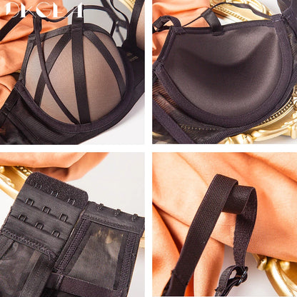 DKGEA Black Bandage Push-Up Bra & Brief Set – Sexy Deep V Floral Embroidered Lingerie for Women (B–D Cup, Sizes 70–95)