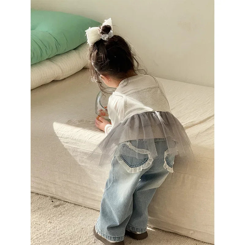Girls Lace Straight Leg Jeans 2025 Spring Children Clothing Pants Children Korean Wide Leg Denim Pants Shello's Creative Boutique
