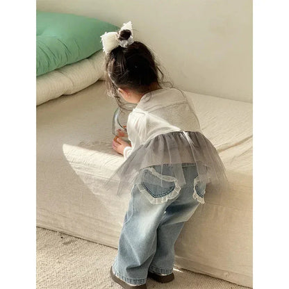 Girls’ Lace Straight-Leg Jeans – Spring 2025 Korean-Inspired Wide-Leg Denim - Shello's Creative Boutique
