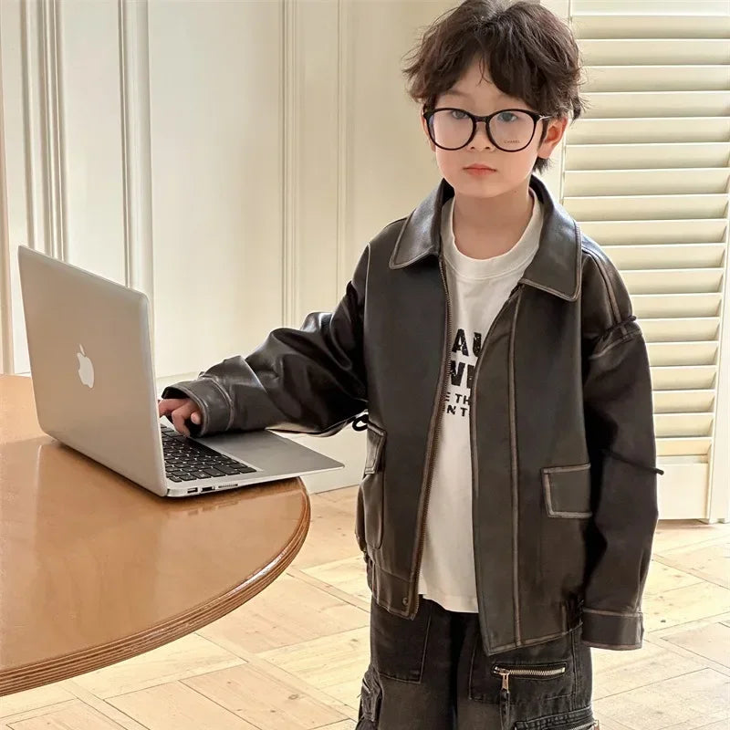 Children Clothing Fashion Casual All Match Leather Coat 2024 Fall New Boys Girls Retro Cool Jacket Solid Color Simple Coat Shello's Creative Boutique