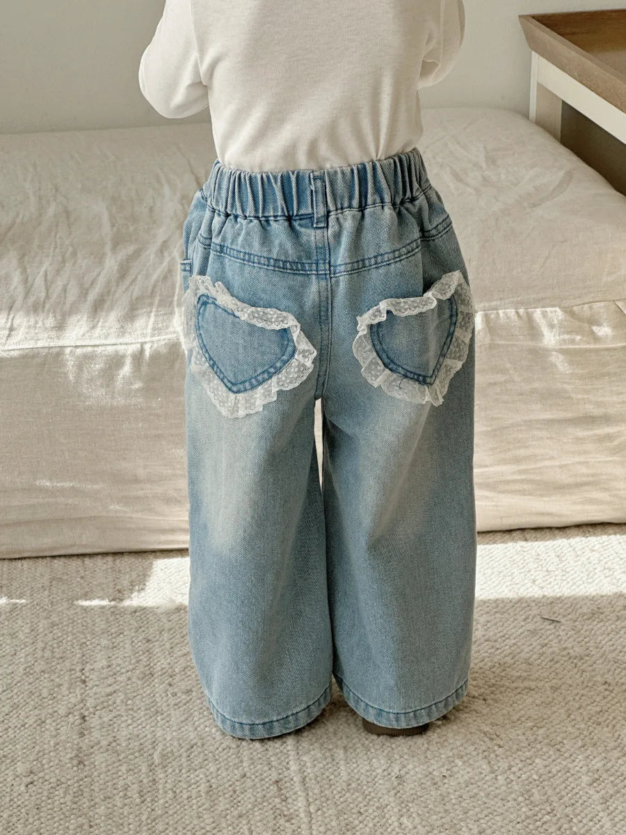 Girls Lace Straight Leg Jeans 2025 Spring Children Clothing Pants Children Korean Wide Leg Denim Pants Shello's Creative Boutique