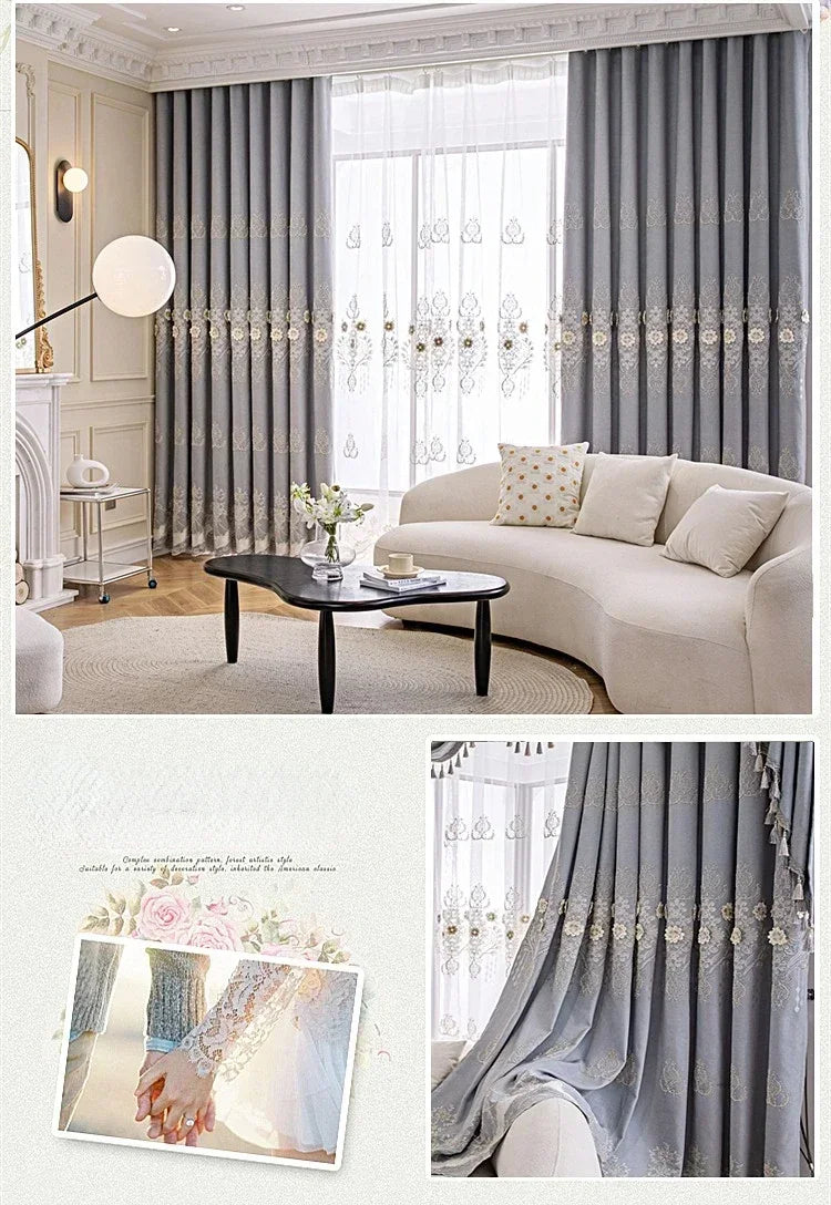 European Modern Blackout Curtains - Luxury Embroidered Tulle Villa Valance for Living Room & Bedroom