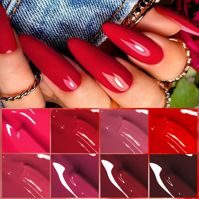 MEET ACROSS 7ml Red Gel Nail Polish Crystal Semi Permanent Soak Off UV Gel Varnish Nail Art Manicure Base Matte Top Coat Vernis - Shello's Creative Boutique