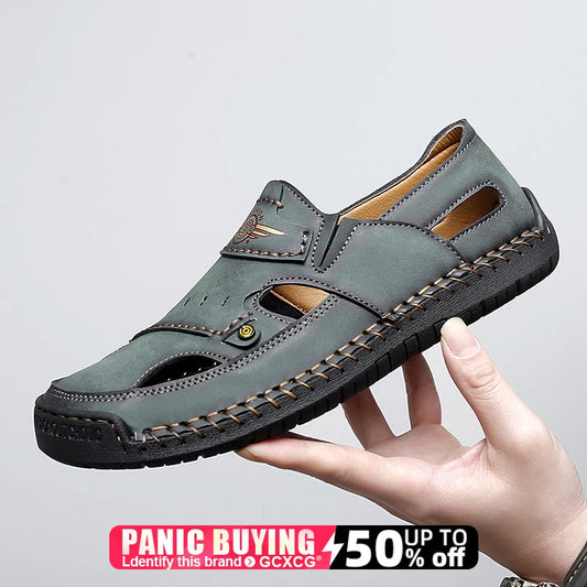 Men's Genuine Leather Beach Sandals - Breathable Hollow-Out Non-Slip Casual Slides