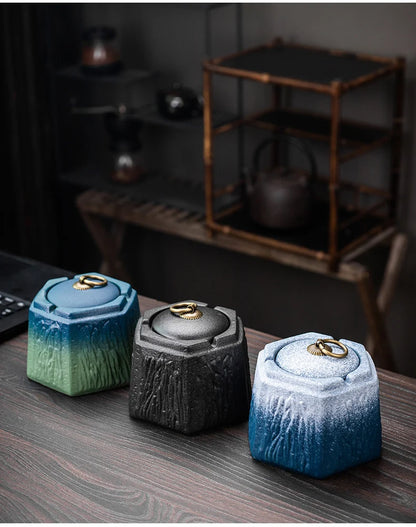 Creative Ceramic Ashtray with Lid – Anti-Fly Ash Desktop Ornament, 18 Styles