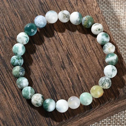Dendritic Agate Natural Stone Beaded Bracelet – Green & White