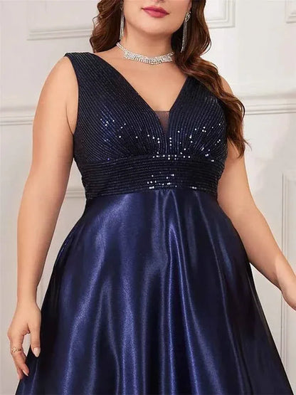 Plus Size Sequin Evening Dress - Deep V-Neck Satin Prom Gown | Floor Length - Shello's Creative Boutique