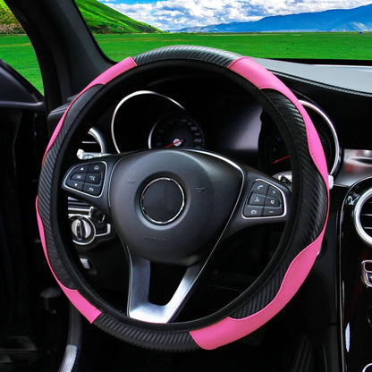 PU Carbon Fiber Leather Car Steering Wheel Cover - 14.5-15 Inches