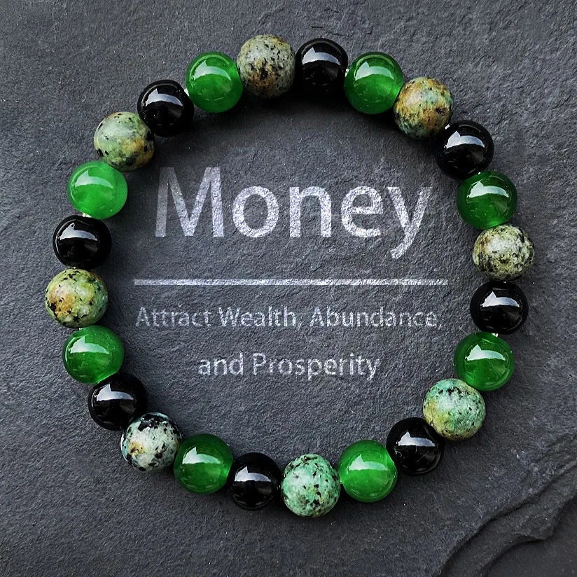 8mm Green & Black Natural Stone Beaded Bracelet – Handmade Elastic
