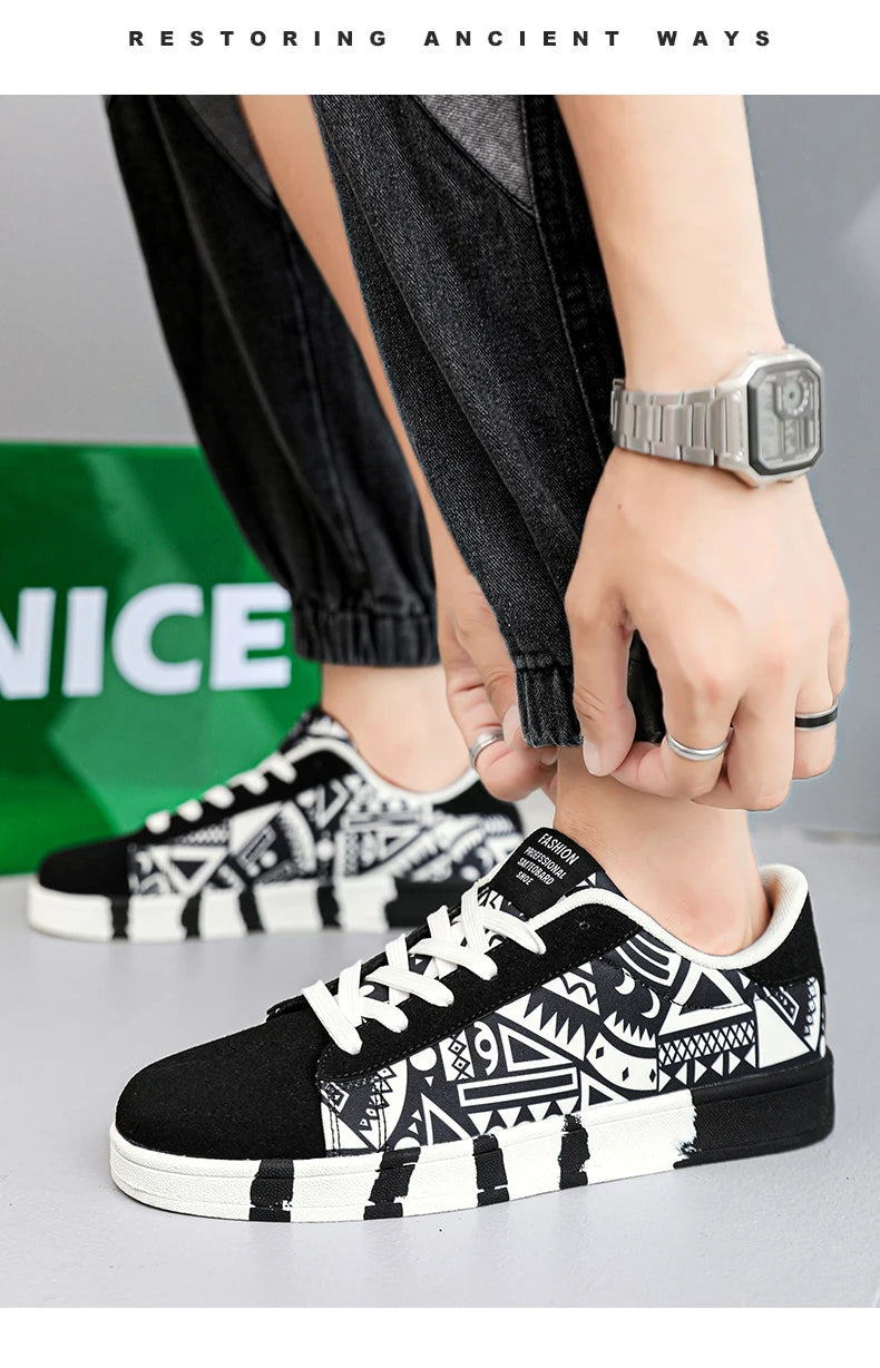YRZL Men's Sports Running Shoes Canvas Geometric Style Lace-Up Sneakers Couples' Fashionable Graffiti Print Skate Shoes Men Shello's Creative Boutique