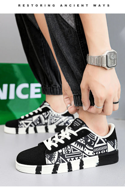 YRZL Men's Sports Running Shoes Canvas Geometric Style Lace-Up Sneakers Couples' Fashionable Graffiti Print Skate Shoes Men Shello's Creative Boutique