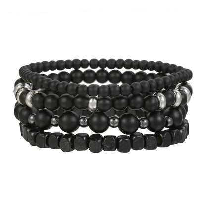 4-Piece Black Stone & Wood Bead Elastic Bracelet Set – Men's & Couples Jewellery