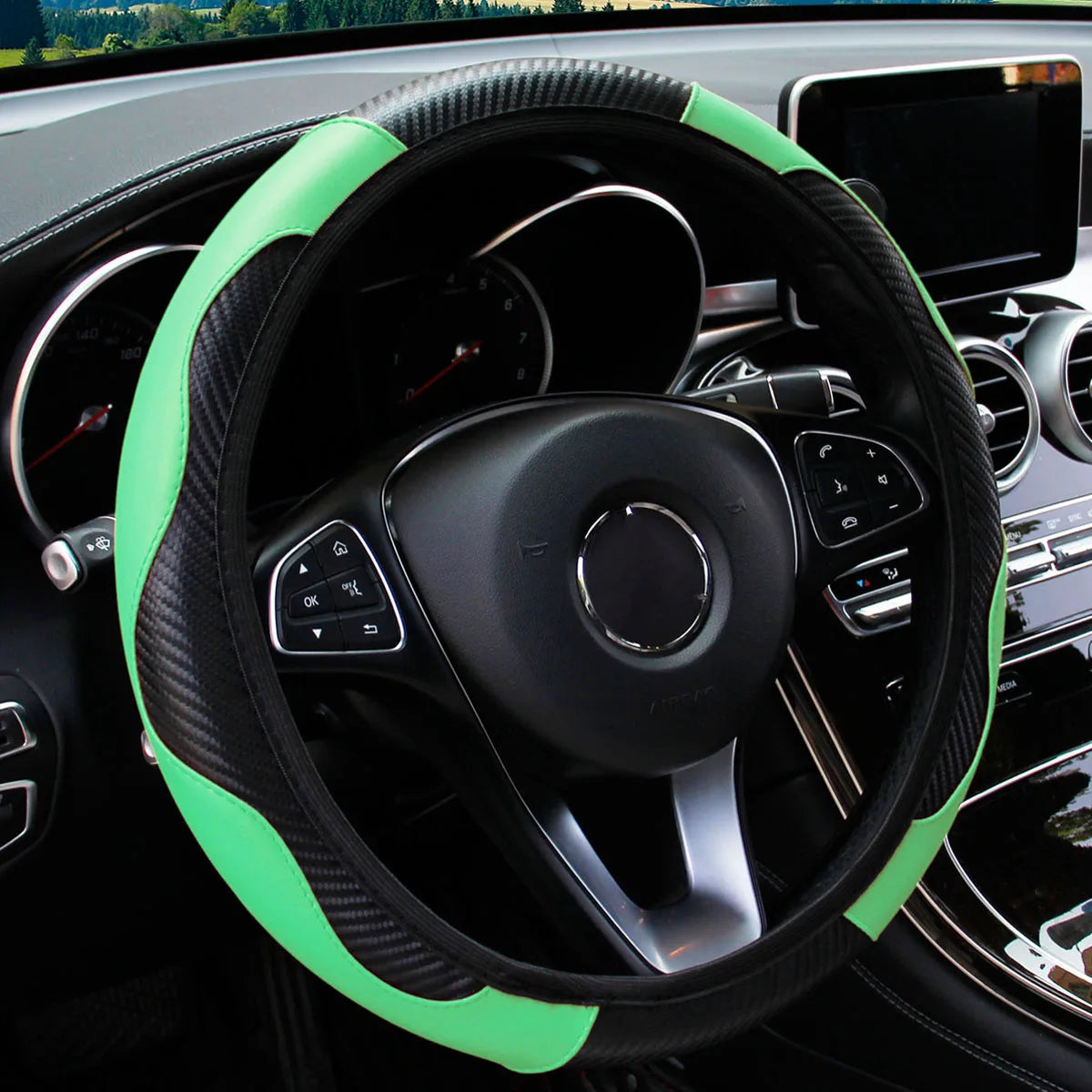 PU Carbon Fiber Leather Car Steering Wheel Cover - 14.5-15 Inches