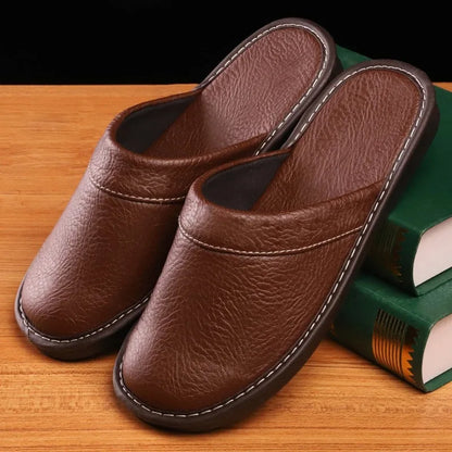 Men's Indoor Slippers - Closed Toe Faux Leather Slides (Large Sizes 47-48)