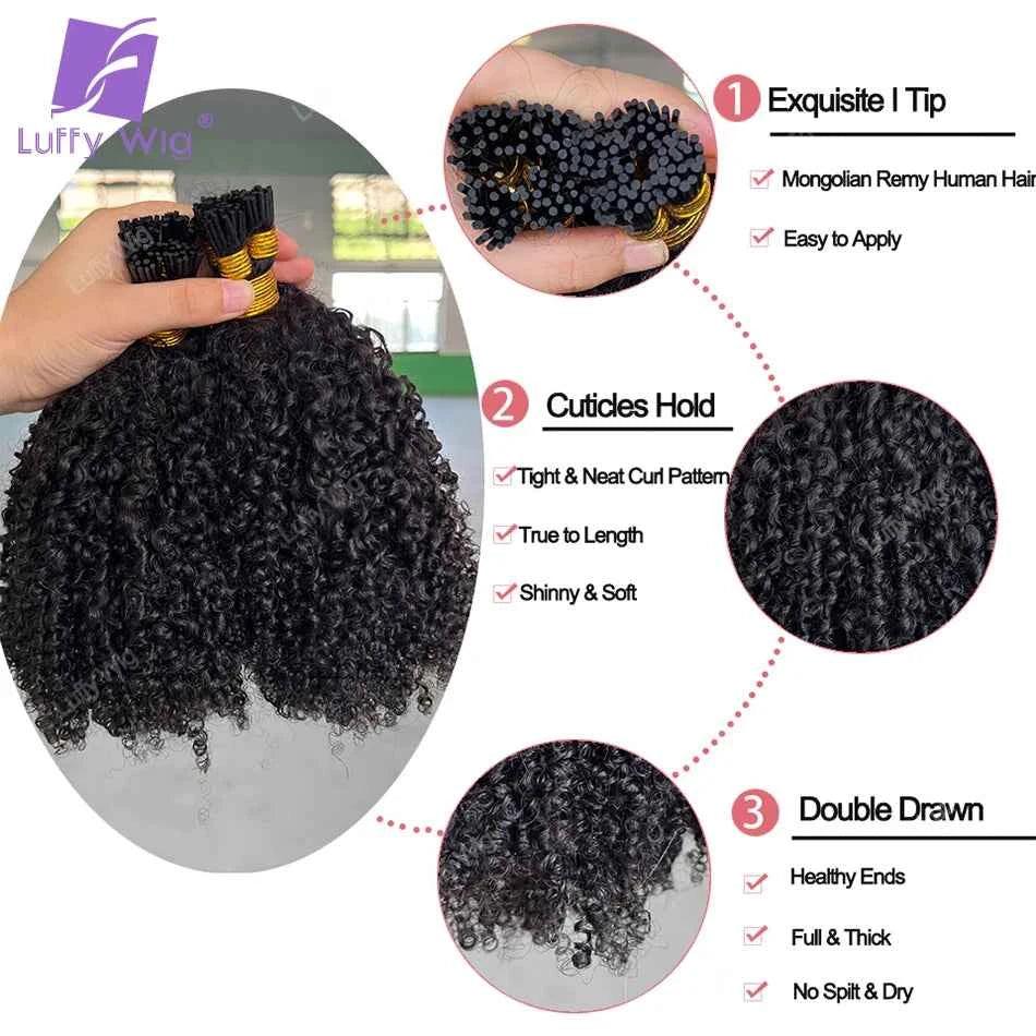 Double Drawn I Tip Hair Extensions - Afro Kinky Curly 3C/4A Mongolian Remy Human Hair Fusion - Shello's Creative Boutique