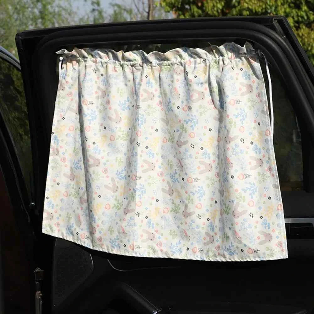 Suction Cup Car Curtains Cute Cartoon Animal/Floral Sunshade Curtain UV Protection Cotton Car Window Cover Car Interior