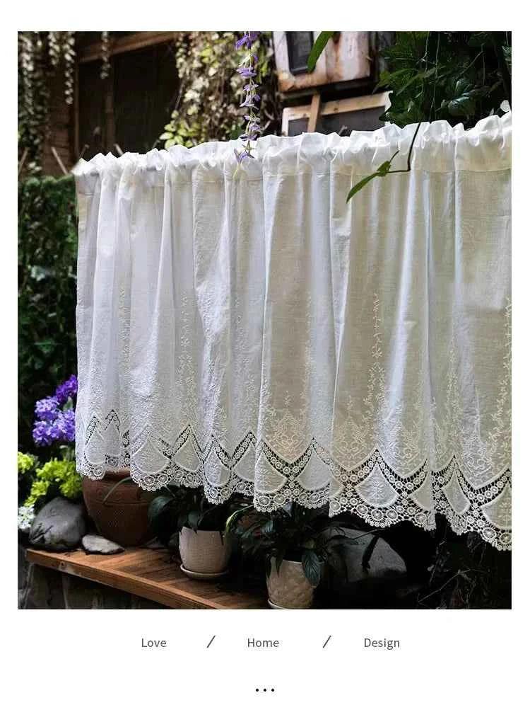 Cotton Lace Café Curtains - Hollow Flower Embroidery Half Curtains for Kitchen - Shello's Creative Boutique