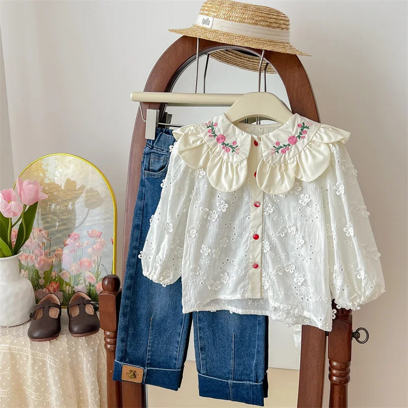 Children's Clothing Shirt 2024 New Girls Doll Shirt Childrens Clothing Autumn Clothing Korean Embroidered Shirt Baby Shello's Creative Boutique