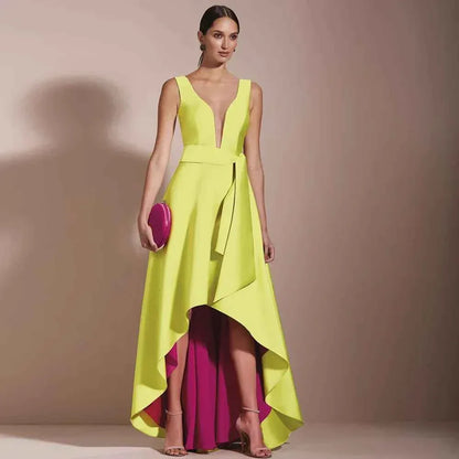 Deep V-Neck Asymmetrical Evening Dress - A-Line High-Low Gown with Color Contrast - Shello's Creative Boutique