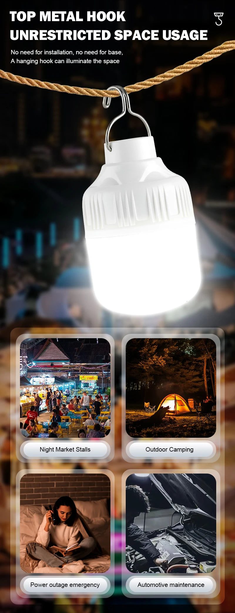 Outdoor USB Rechargeable LED Camping Lantern - Portable Emergency Light with Hook - Shello's Creative Boutique