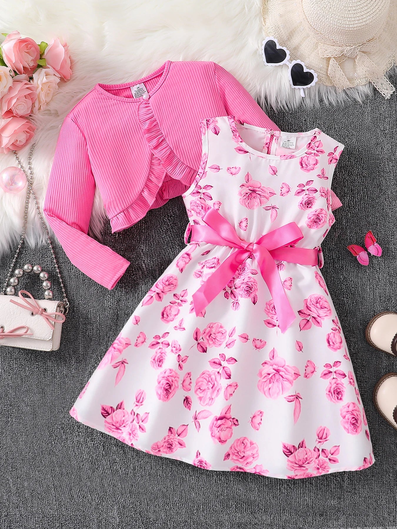 Children's clothing girl autumn fashion casual pink floral dress set 2-piece set - pink round neck vest+pink floral skirt Shello's Creative Boutique