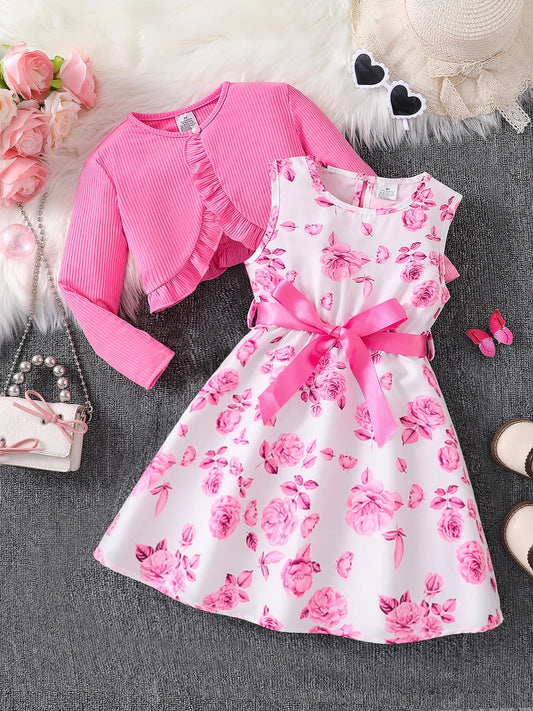 Children's clothing girl autumn fashion casual pink floral dress set 2-piece set - pink round neck vest+pink floral skirt Shello's Creative Boutique