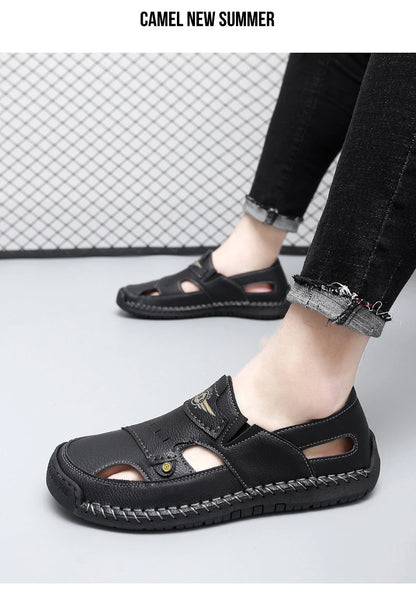 Men's Genuine Leather Beach Sandals - Breathable Hollow-Out Non-Slip Casual Slides