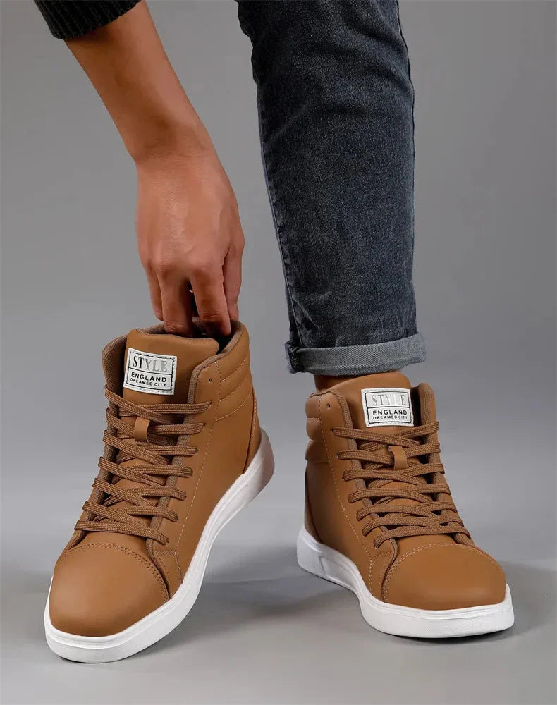 2025 Spring Fashion High-Top Sneakers - Unisex Leather Skateboarding Shoes (Red/White/Brown) - Shello's Creative Boutique