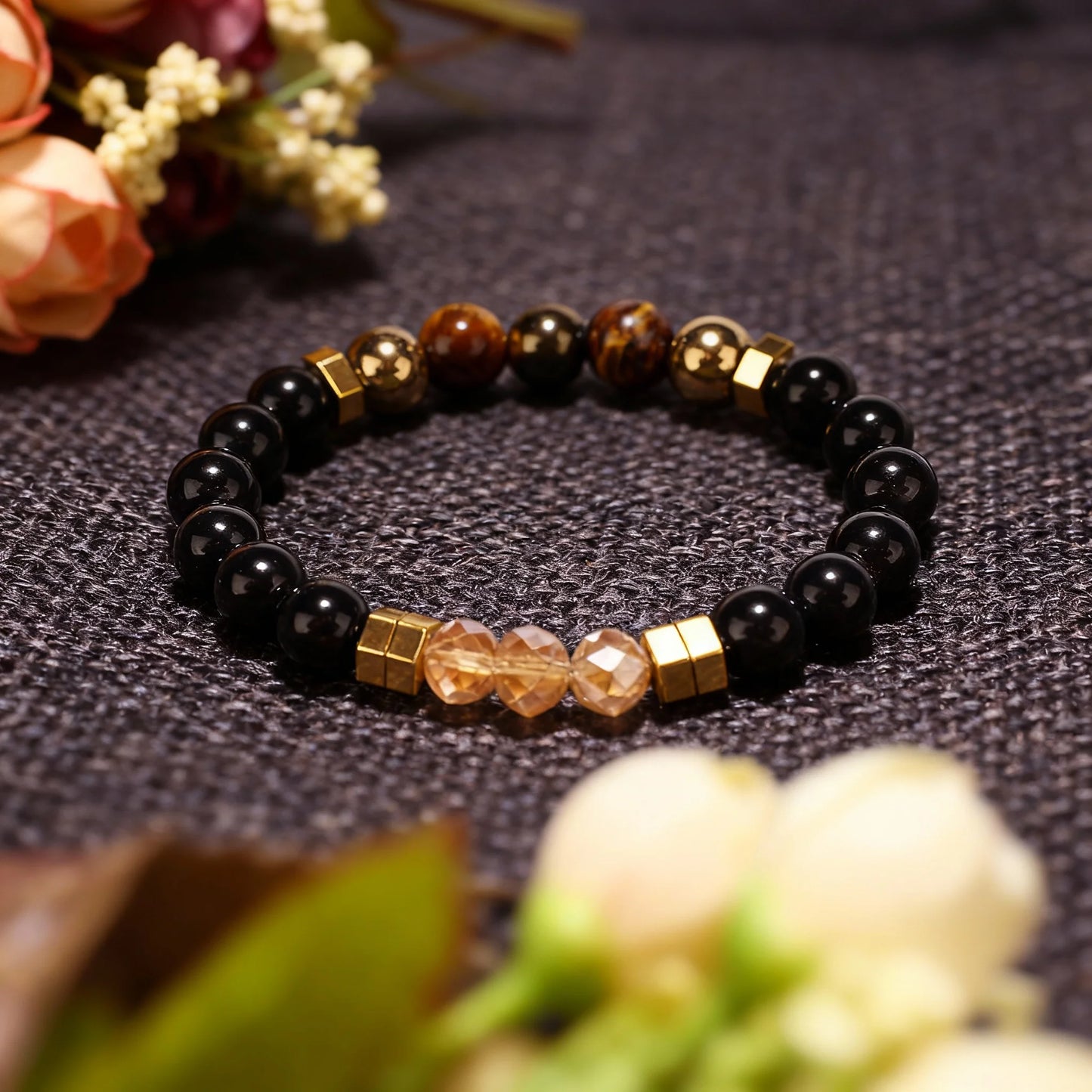 Hematite & Pyrite Natural Stone Beaded Bracelet – Unisex Stretch Bangle