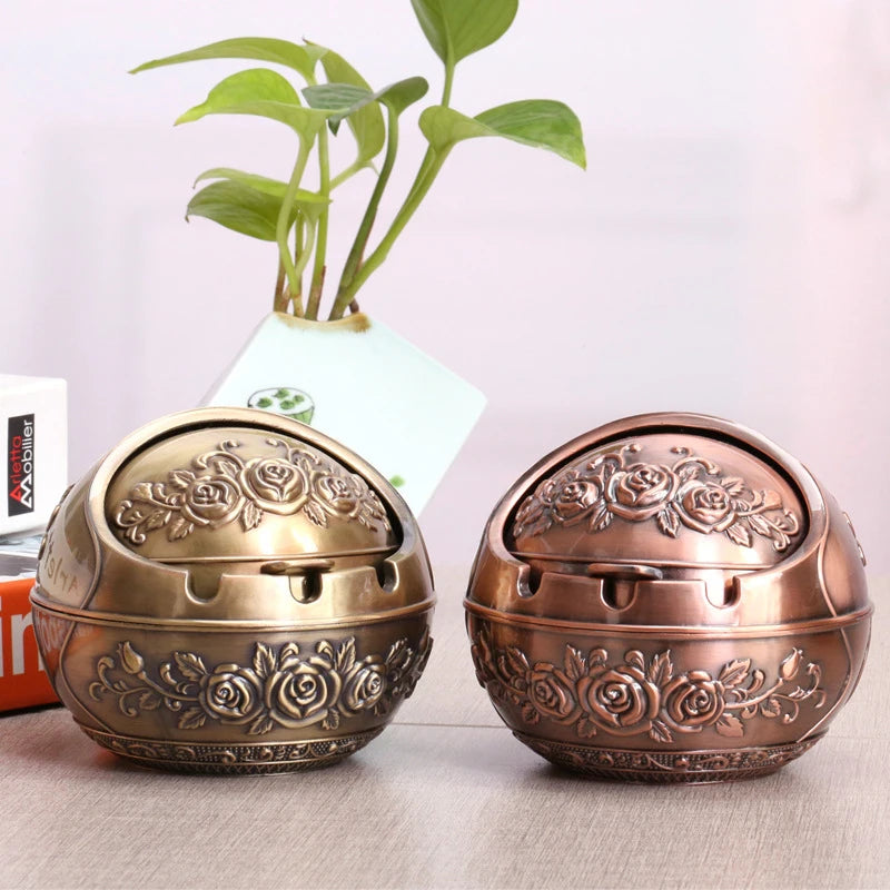 Retro Metal Ashtray With Lid – Anti-Fly Ash Windproof Covered Ashtray for Home & Desk