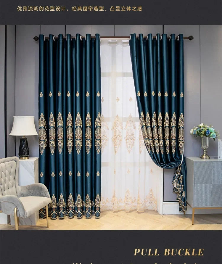 European Luxury Full Blackout Curtains - Heat Insulation & Acoustic Drapes with White Tulle - Shello's Creative Boutique