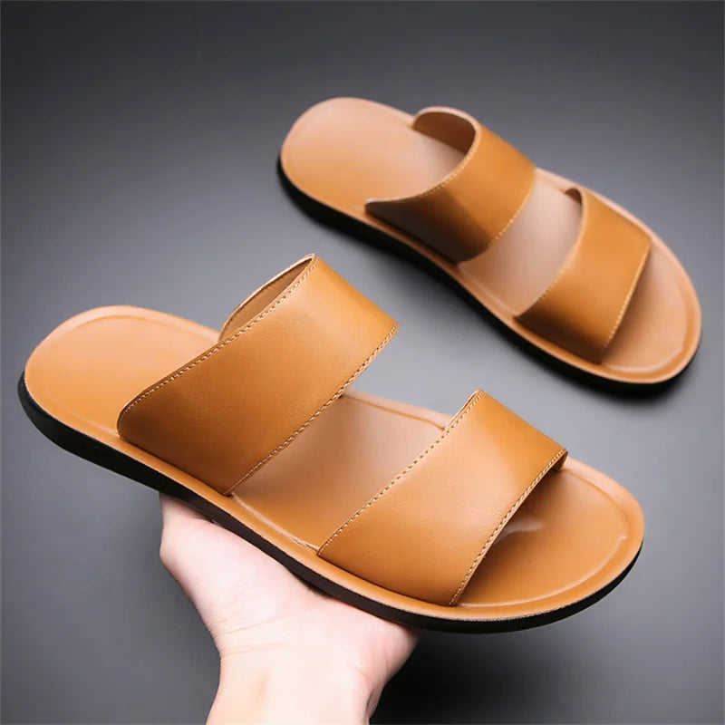 Men's Luxury Leather - Non-Slip Beach Sandals & Flat Casual Slides (Large Size 48) - Shello's Creative Boutique