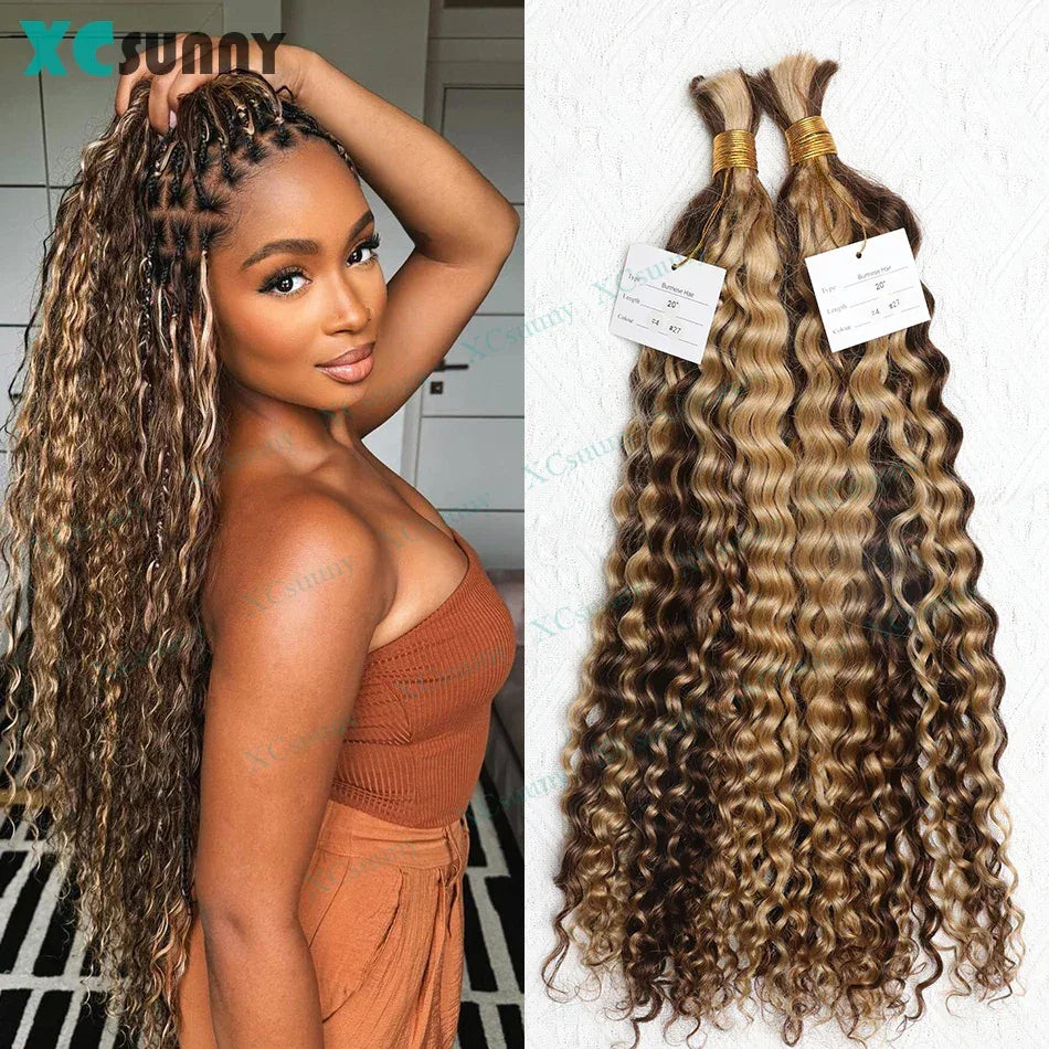 Deep Curly Human Hair for Boho Braids - Color 4/27 & 4/30 Ombre Bulk Hair - Shello's Creative Boutique