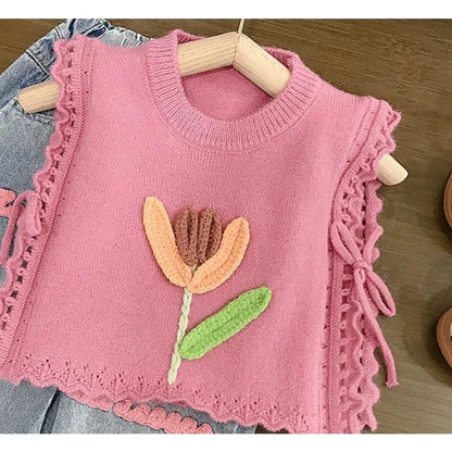 Girls’ Pink Knitted Waistcoat & Denim Jeans Set – Fashion Toddler Summer Outfit (Ages 2–7) - Shello's Creative Boutique