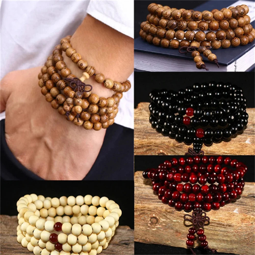 Natural Sandalwood 108 Bead Buddhist Bracelet – Meditation Prayer Beads for Men & Women