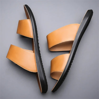 Men's Luxury Leather - Non-Slip Beach Sandals & Flat Casual Slides (Large Size 48) - Shello's Creative Boutique