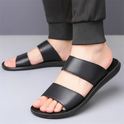 Men's Luxury Leather - Non-Slip Beach Sandals & Flat Casual Slides (Large Size 48) - Shello's Creative Boutique