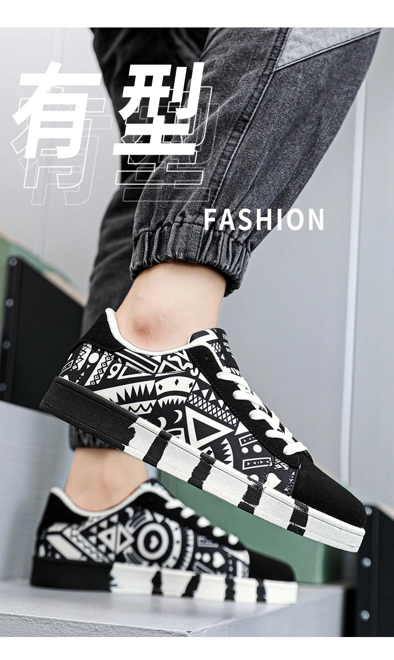 YRZL Men's Sports Running Shoes Canvas Geometric Style Lace-Up Sneakers Couples' Fashionable Graffiti Print Skate Shoes Men Shello's Creative Boutique