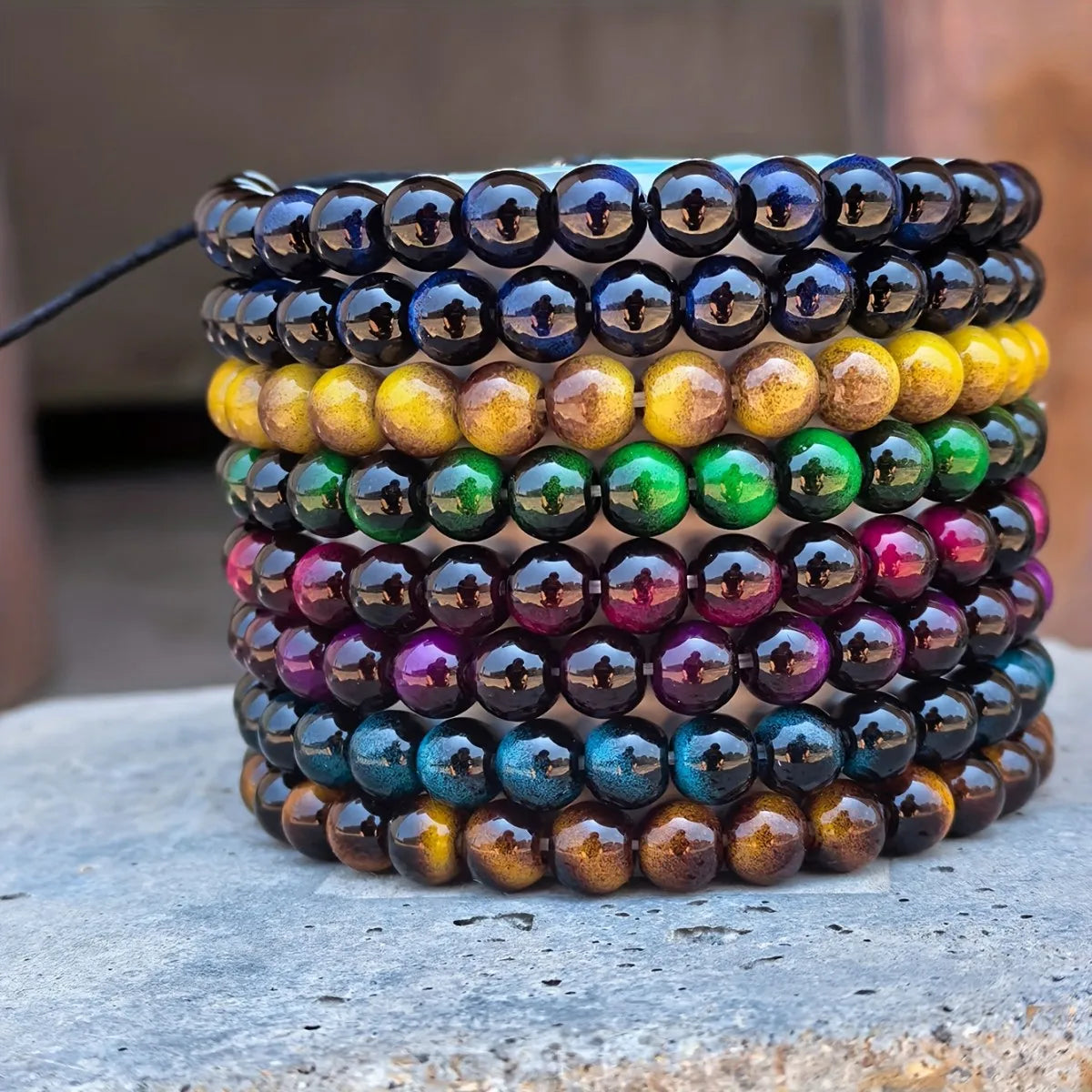 7-Piece Glass Tiger Eye Bead Bracelet Set – Colourful Good Luck Bracelets for Men & Women
